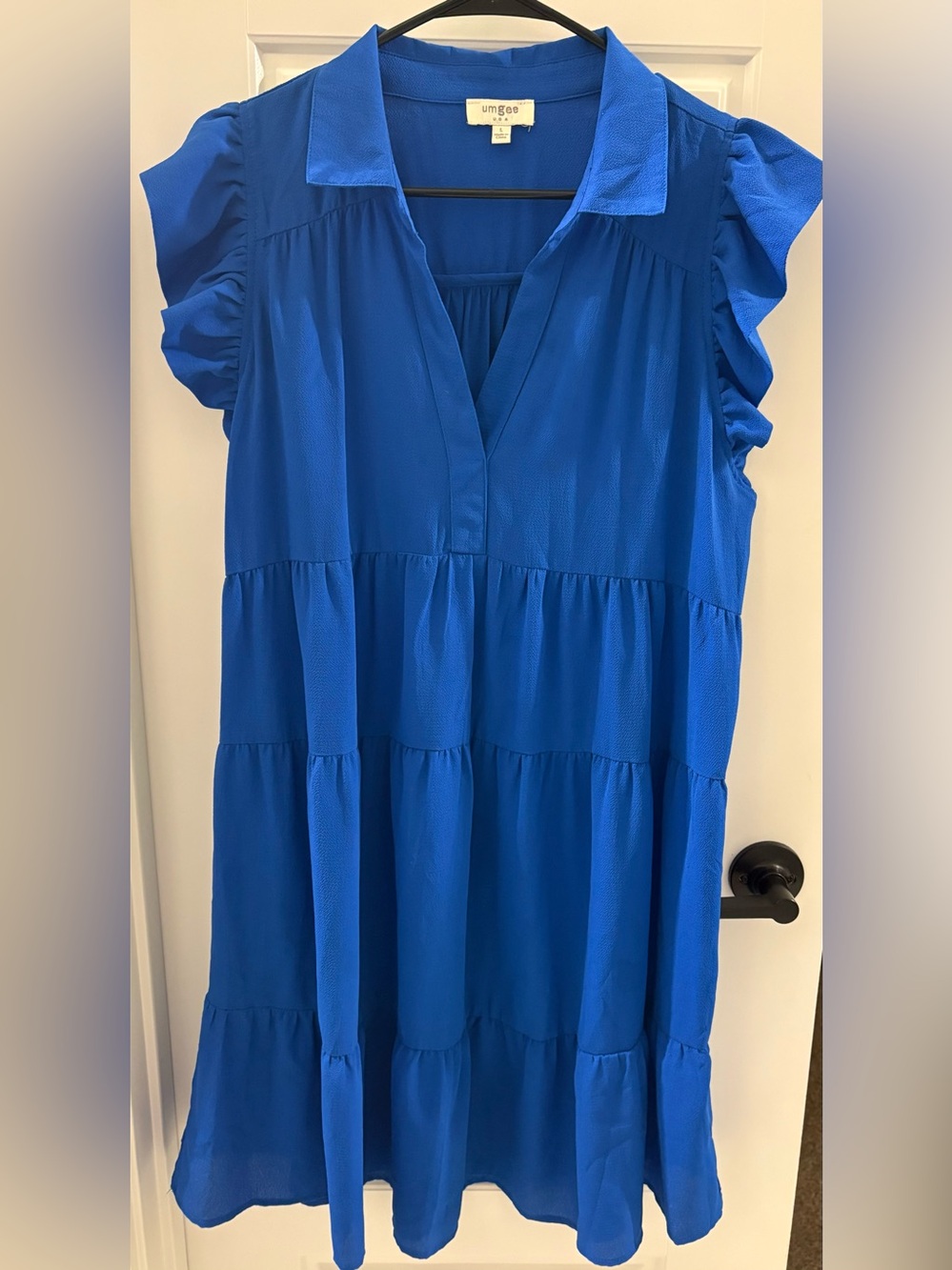 Umgee Electric Blue Tiered V-Neck Ruffle Sleeve Tunic Dress